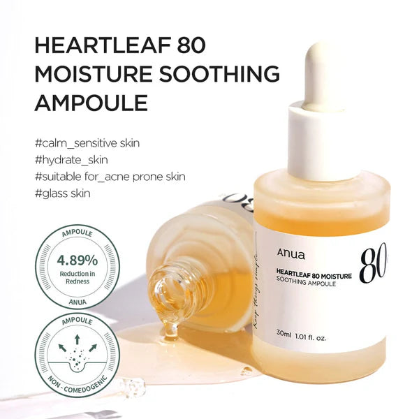 Anua Heartleaf 80 % Moisture Soothing Ampoule 30ml – Calming Korean Hydration Serum for Sensitive, Acne-Prone Skin