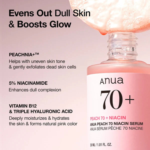 Anua Peach 70 + Niacin Serum 30 ml – Brightening Korean Serum with 70% Peach Extract & 5% Niacinamide